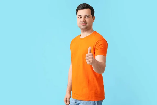 Handsome Young Man Stylish Shirt Showing Thumb Color Background — Stock Photo, Image