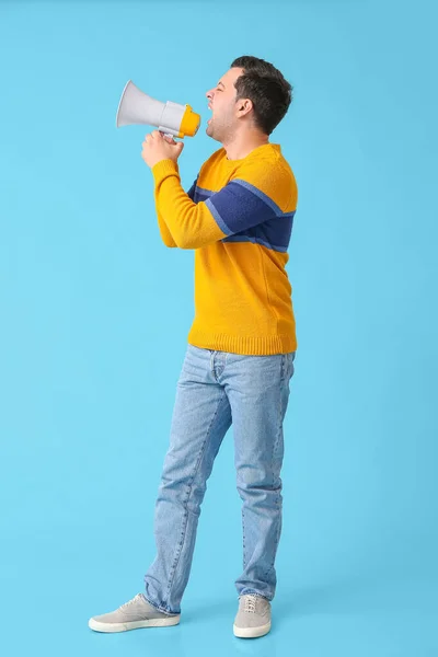 Protesting Young Man Megaphone Color Background — Stock Photo, Image