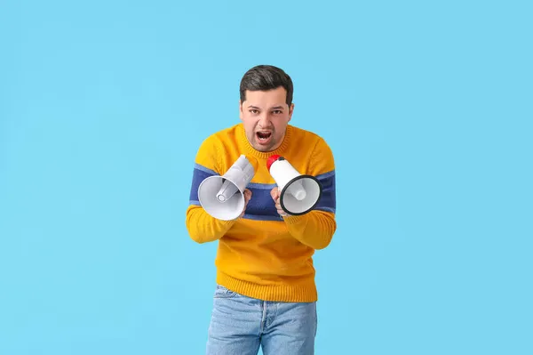 Protesting Young Man Megaphones Color Background — Stock Photo, Image