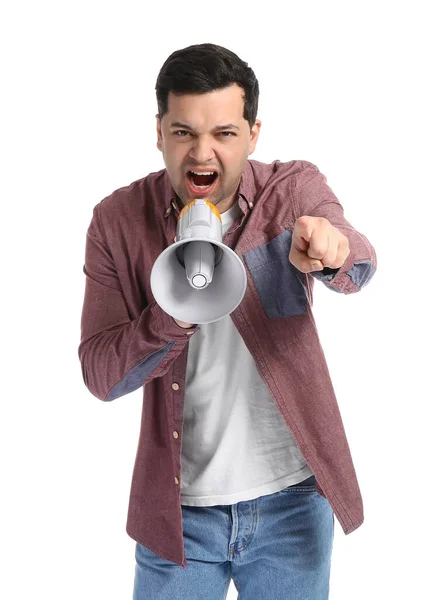 Protestando Jovem Com Megafone Fundo Branco — Fotografia de Stock