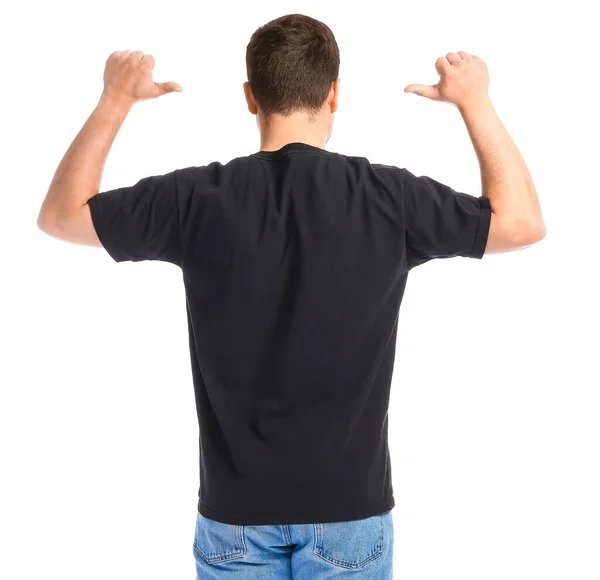 Stilig Ung Man Snygg Shirt Vit Bakgrund Baksida — Stockfoto