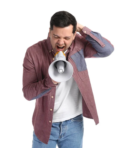 Protesting Young Man Megaphone White Background — Stock Photo, Image
