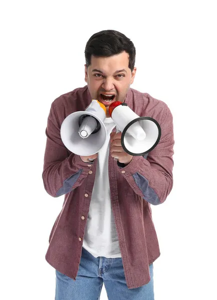 Protesting Young Man Megaphones White Background — Stock Photo, Image