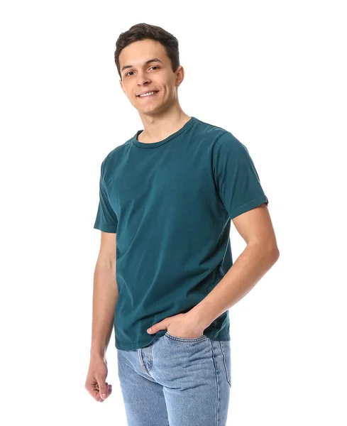 Hombre Joven Guapo Elegante Camiseta Sobre Fondo Blanco — Foto de Stock