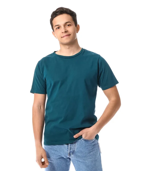 Schöner Junger Mann Stylischem Shirt Auf Weißem Hintergrund — Stockfoto