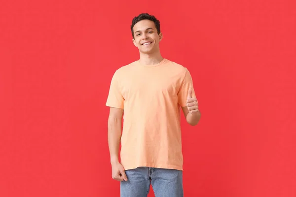 Handsome Young Man Stylish Shirt Showing Thumb Color Background — Stock Photo, Image