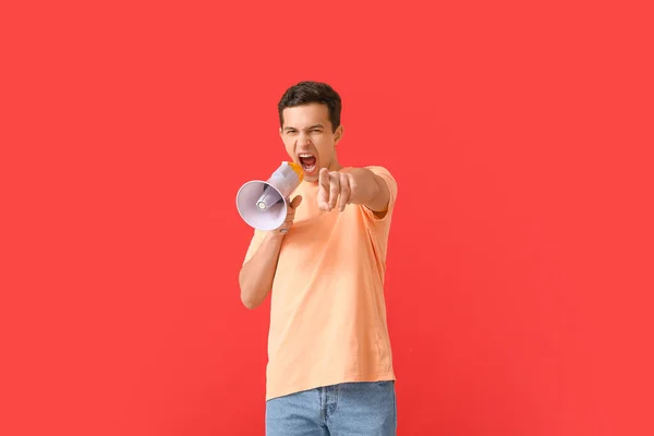 Protesting Young Man Megaphone Color Background — Stock Photo, Image