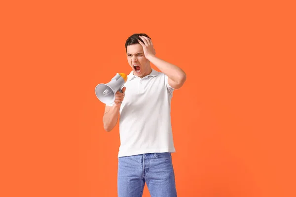 Protesting Young Man Megaphone Color Background — Stock Photo, Image