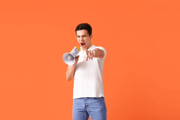 Protesting Young Man Megaphone Color Background — Stock Photo, Image