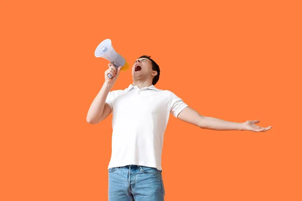 Protesting Young Man Megaphone Color Background — Stock Photo, Image