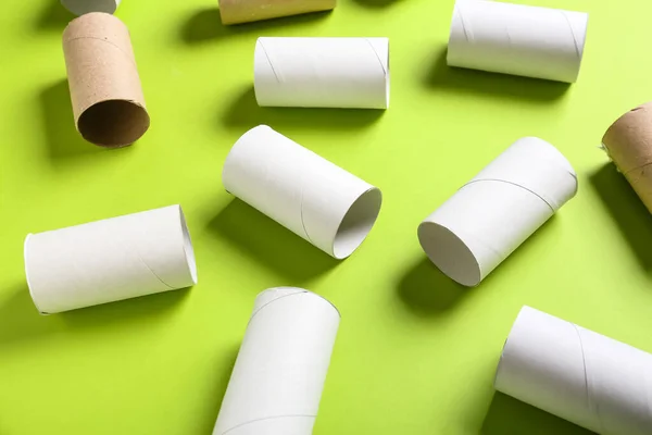 Empty Toilet Paper Tubes Green Background — Stock Photo, Image
