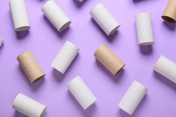 Toilet Paper Cardboard Tubes Purple Background — Stock Photo, Image