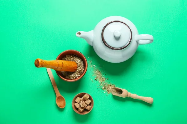 Teapot Sugar Cubes Dry Tea Green Background — Stock Photo, Image