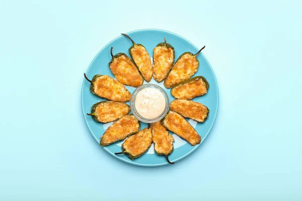 Tasty Jalapeno Poppers Sauce Plate Color Background — Stock Photo, Image