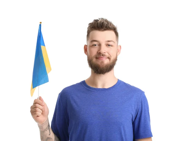 白底上挂着乌克兰国旗的快乐年轻人 — 图库照片