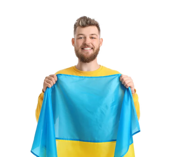 白底上挂着乌克兰国旗的快乐年轻人 — 图库照片