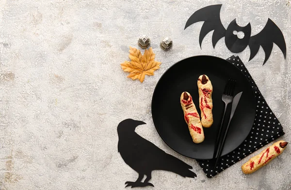 Stylish Halloween Table Setting Cookies Decor Grey Background — Stock Photo, Image