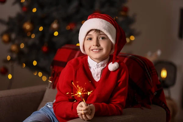 Little Boy Santa Hat Christmas Sparkler Home — Stock Photo, Image