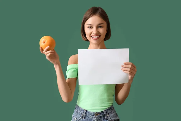 Young Woman Grapefruit Blank Poster Color Background Vegan Day — Stock Photo, Image