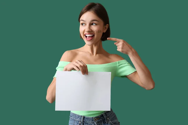 Young Woman Blank Poster Color Background Vegan Day — Stock Photo, Image