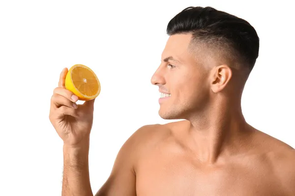 Naked Young Man Orange White Background Vegan Day — Stock Photo, Image