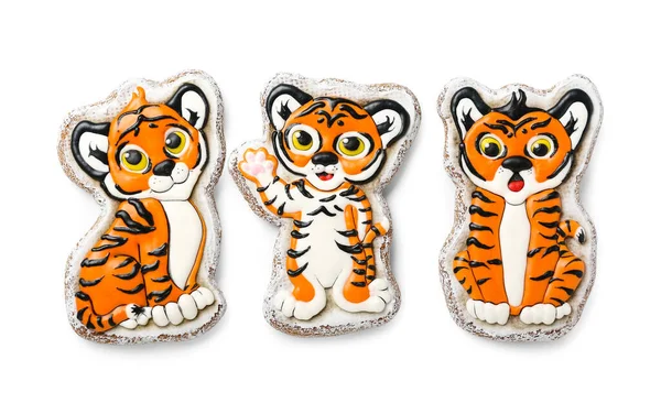 Cute Cookies Shape Tiger New Year 2022 White Background — Stock Photo, Image