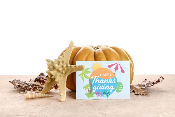 Citrouille Étoile Mer Coquillages Carte Avec Texte Happy Thanksgiving Sur — Photo