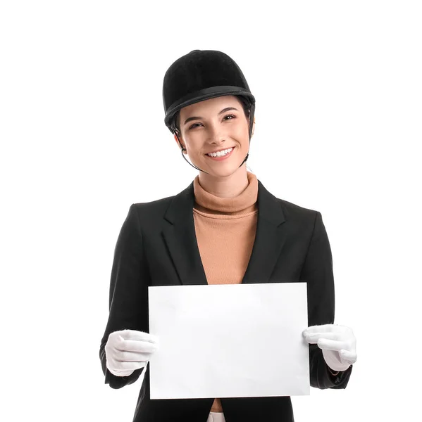 Feminino Jockey Com Banner Branco Fundo Branco — Fotografia de Stock