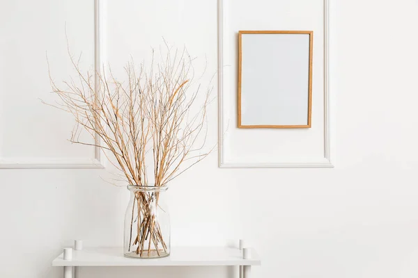 Vase Dry Branches Blank Poster Frame Light Wall — Stock Photo, Image
