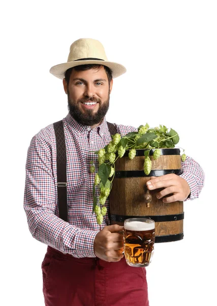 Bonito Homem Roupas Tradicionais Alemãs Com Cerveja Fundo Branco — Fotografia de Stock