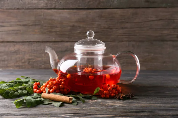 Glass Teapot Tasty Rowan Tea Wooden Background — Stock Photo, Image