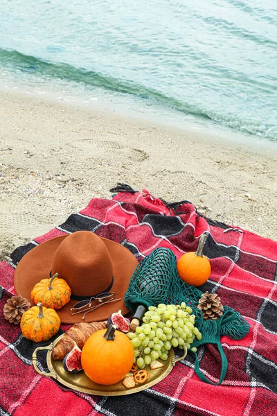 有美味食物的盘子 一瓶葡萄酒和沙滩上的毛毡帽 — 图库照片
