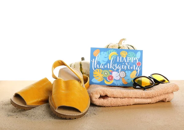 Shoes Heap Sand Towel Sunglasses Card Text Happy Thanksgiving Beige — Stock Photo, Image