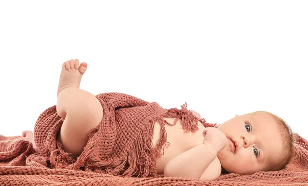 Pequeno Bebê Deitado Fundo Branco — Fotografia de Stock