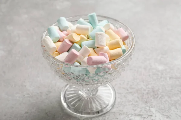 Glass Bowl Tasty Marshmallows Grey Background Closeup — Stock Photo, Image