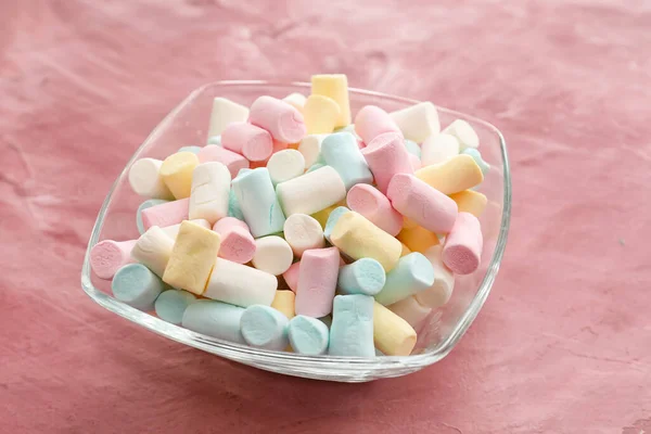 Bowl Tasty Colorful Marshmallows Color Background Closeup — Stock Photo, Image