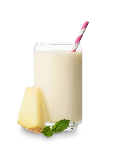 Ποτήρι Νόστιμο Milkshake Πεπόνι Λευκό Φόντο — Φωτογραφία Αρχείου