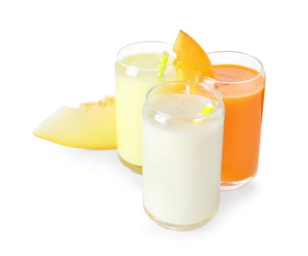 Glasses Tasty Melon Milkshake White Background — Stock Photo, Image