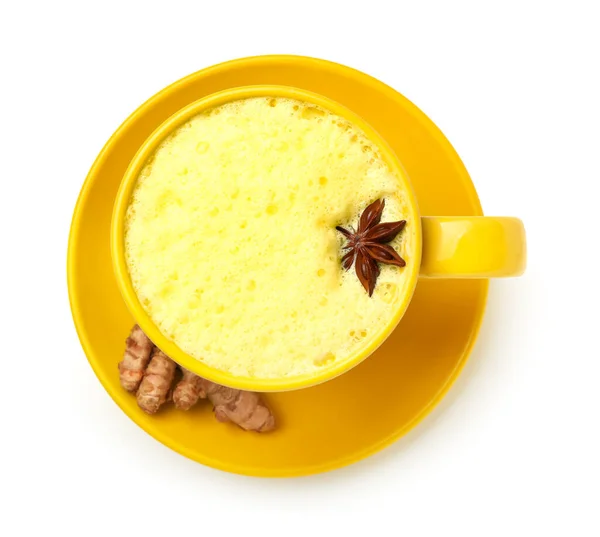 Tasse Gesunden Kurkuma Latte Mit Sternanis Auf Weißem Hintergrund — Stockfoto