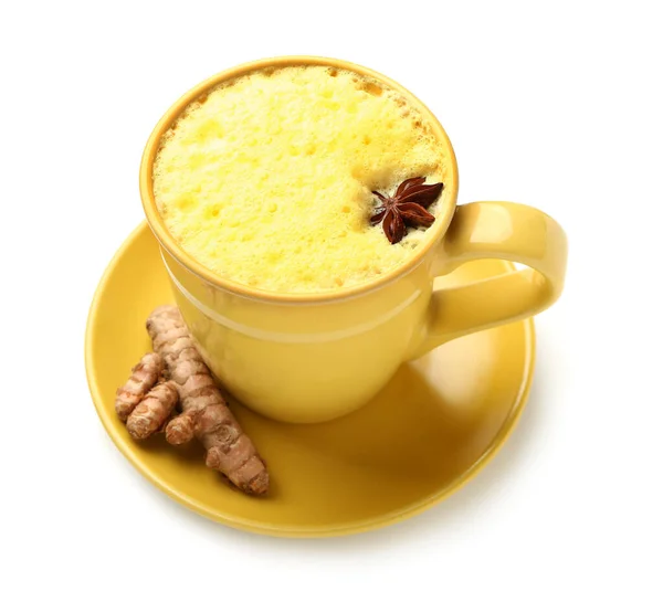 Tasse Leckerer Kurkuma Latte Mit Sternanis Auf Weißem Hintergrund — Stockfoto