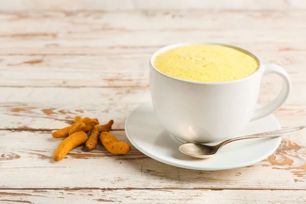 Cup Tasty Homemade Turmeric Latte Light Wooden Background — Stock Photo, Image