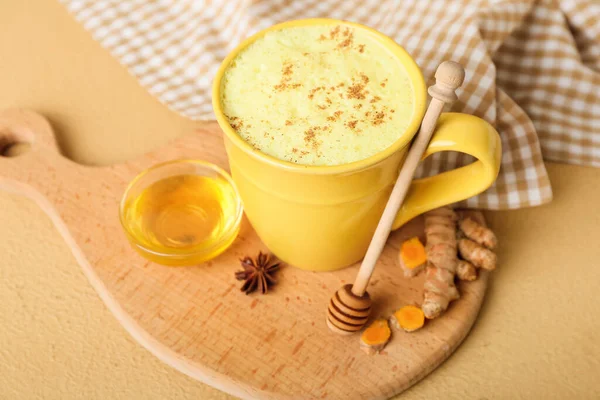 Cup Healthy Homemade Turmeric Latte Star Anise Honey Color Background — Stock Photo, Image