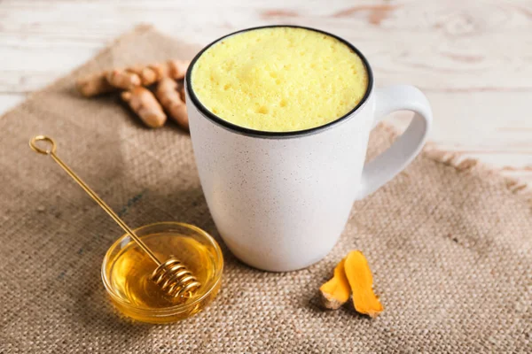 Cup Healthy Turmeric Latte Honey Table Closeup — Stock Photo, Image