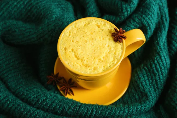 Cup Tasty Turmeric Latte Sweater Table — Stock Photo, Image