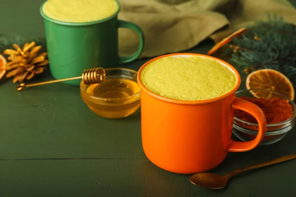 Cup Tasty Turmeric Latte Honey Color Wooden Background — Stock Photo, Image