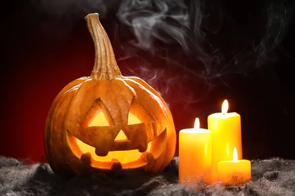 Carved Pumpkin Halloween Candles Dark Background — Stock Photo, Image