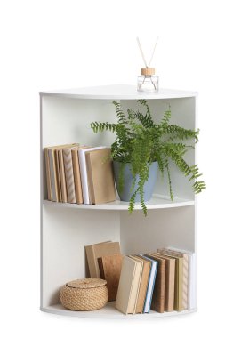 Beyaz arka planda ev bitkisi ve sazlık dağıtıcı ile modern kitaplık