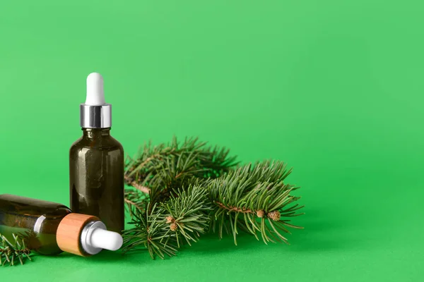 Bottles Coniferous Essential Oil Color Background — Stock Photo, Image