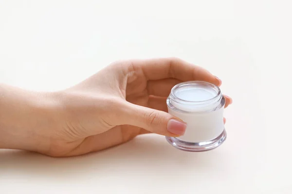 Female Hand Jar Cosmetic Cream Light Background — Stock Photo, Image