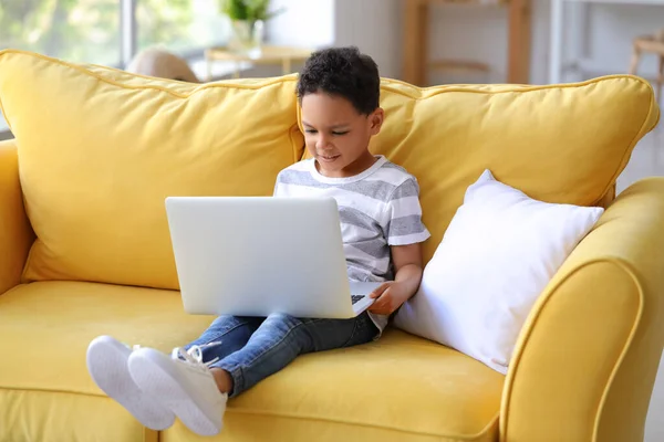 Little African American Boy Laptop Watching Cartoons Sofa Home — Stock Photo, Image